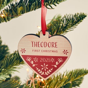 Personalised First Christmas Scandi Maple Wood Bauble - New Baby 2024 Xmas Tree Ornament - Baby&#39;s First Christmas
