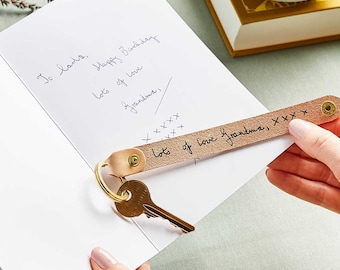 Personalised Handwriting Memorial Keyring. Leather Keyring Remembrance Gift - Actual Copy of Loved One's Handwriting
