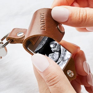 Personalised Photo Keyring with Sonogram Leather Photo Keychain Gift with Ultrasound Photo for New Mommy / Daddy Pregnancy Announcement image 2