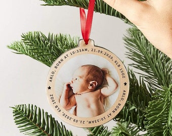 Personalised Wooden Photo Christmas Tree Decoration | Baby's First Christmas Photo Bauble with Personalized Message | Wood Keepsake Ornament