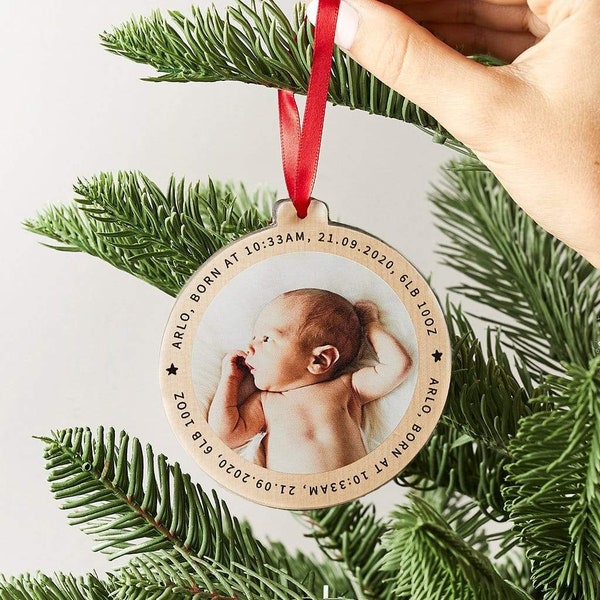 Personalised Wooden Photo Christmas Tree Decoration | Baby's First Christmas Photo Bauble with Personalized Message | Wood Keepsake Ornament