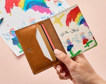 Personalised Child&#39;s Drawing Leather Card Holder | Personalized Kid&#39;s Artwork Gift for Dad, Grandad Custom Father&#39;s Day Gift from Kids