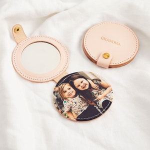 Personalised Photo Compact Mirror With Leather Case / Mother's Day Gift for Mum / Hand Pocket Mirror Personalised with Initials Photo Gift image 2