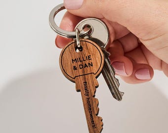 Personalised First Home Keyring - Wooden Engraved Key Shaped Key Chain