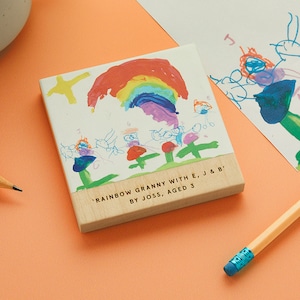 Personalised Child&#39;s Drawing Wooden Coaster | Personalized Kid&#39;s Artwork Gift for Dad, Grandma, Teacher | Father&#39;s Day Gift from Children