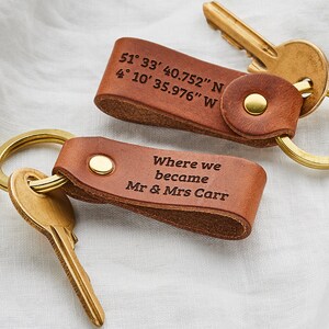 Personalised Leather Keyring Set. Personalized Set Of Two Keychains. Wedding Gift for couples. Third Anniversary Leather Gift. Valentine's. image 2