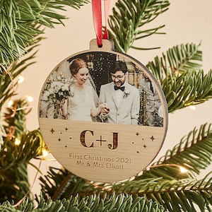 Personalised Wooden Photo Christmas Bauble Couples - Tree Ornament with Wedding Photo - Holiday Gift for Couples - Wedding Keepsake Gift