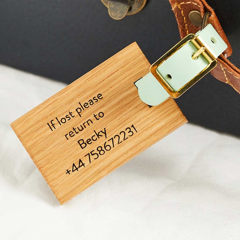 Personalised Wooden Luggage Tag with Initial and Leather Strap Travel Gift for Her Holiday / Honeymoon / Gap Year Personalised Gift image 2