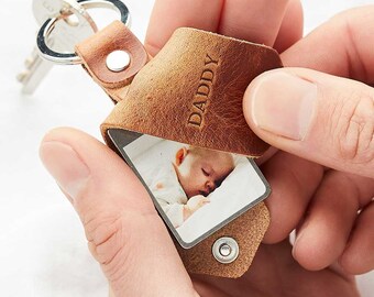 Personalised Photo Keyring in Leather Case + Initials | Father's Day Keepsake | Gift for New Dad | Personalized Photo Keychain | UK Made