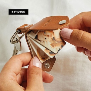 Porte-clés en cuir multi-photos personnalisé | Cadeau personnalisé porte-clés en cuir avec quatre photos | Cadeau porte-clés photo pour la fête des pères | Photos de famille