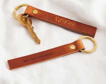 Personalised Family Initials Leather Keyring | Father's Day Keychain Gift for New Dad | Leather Keyring Engraved Family Initials + Message