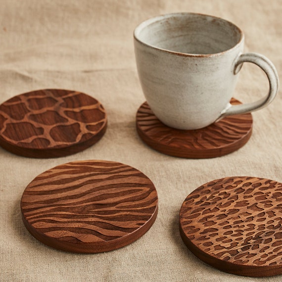 Animal Print Coaster Set, Engraved Wooden Set of 4 Round Coasters / Drinks  Mat Including Wild Leopard, Zebra, Giraffe and Tiger Print -  Ireland