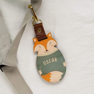 Étiquette personnalisée en bois pour sac d'école Renard | Porte-nom pour sac à dos pour enfants | Remplissage de bas de Noël personnalisé ou cadeau de rentrée pour les enfants