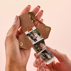 Personalised Leather Photo Strip Keyring for Couples | Wedding Anniversary Photo Keychain | Third Anniversary Personalized Leather Gift