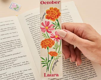 Personalized October Birth Flower Leather Bookmark | Marigold & Cosmos