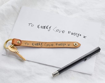 Personalised Child's Handwriting Leather Keyring | Mother's Day Personalized Kid's Handwritten Message Keychain or Christmas Stocking Gift