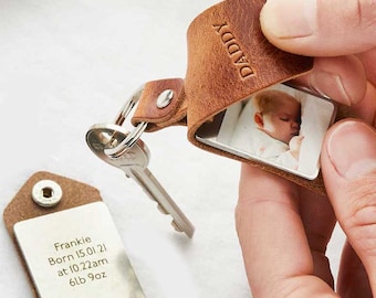Personalised Leather Case Photo Keyring with Engraved Message Text. Personalized Photo Keychain Gift. Handmade Gift for Him Her at Christmas