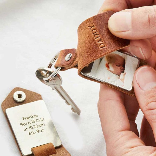 Personalisierte Ledertasche Foto-Schlüsselring mit graviertem Nachrichtentext | Vatertagsgeschenk für Papa Opa | Personalisierte Foto Schlüsselbund Geschenk