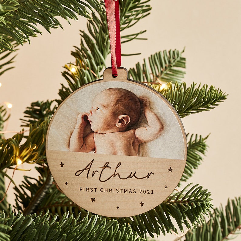 Personalised First Christmas Wooden Photo Bauble - Baby's 1st Christmas 2021 Tree Ornament + Photo - First Christmas Keepsake Gift New Baby 