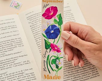 Personalised September Birth Flower Leather Bookmark | Morning Glory & Aster