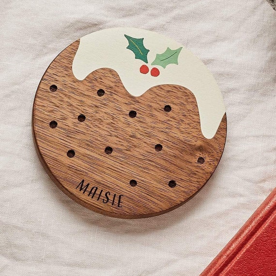 Personalised Wooden Christmas Pudding Coaster Set Christmas Table Decor  Family Christmas Coaster Set 