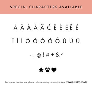 May include: A white background displays a selection of special characters, including accented letters, symbols, and punctuation marks. Below, three black icons: a star, a paw print, and a heart. Text at the bottom provides emoji references.