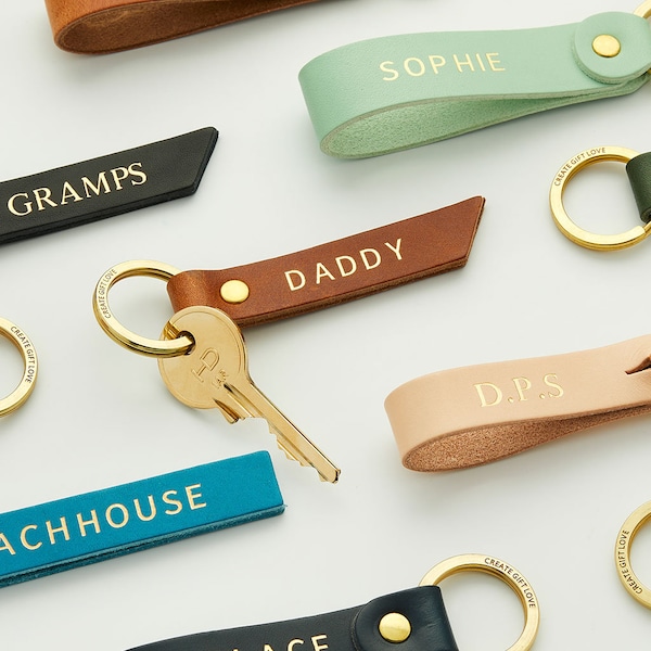 Porte-clés en cuir personnalisé avec lettrage en feuille d'or | Cadeau porte-clés personnalisable - Choisissez la couleur + la forme | Cadeau personnalisé pour la fête des pères