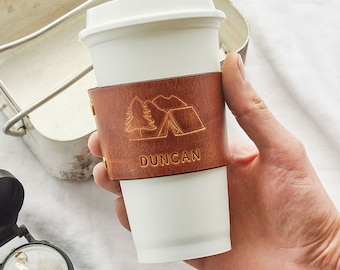 Personalised Leather Coffee Cup Sleeve | Reusable Takeaway Cup Holder Sleeve | Personalized Gift for Coffee Lovers | Sustainable Cup Sleeve