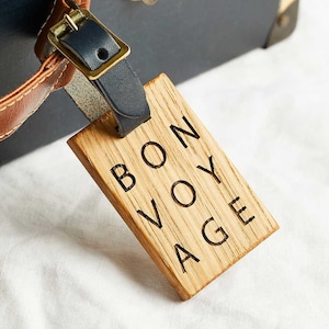 Personalised Wooden Luggage Tag Bon Voyage with Leather Strap - Travel Gift for Her - Holiday / Honeymoon / Gap Year Personalised Gift