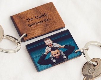 Wood and Acrylic 'This Daddy Belongs To…' Photo Keyring | Father's Day Photo Keychain Gift for New Dad | First Father's Day Gift