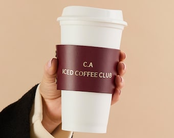 Personalised Leather Coffee Reusable Cup Holder Sleeve *US TARIFFS COVERED*