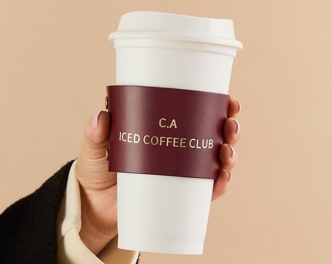 Personalised Leather Coffee Reusable Cup Holder Sleeve *US TARIFFS COVERED*