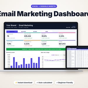 May include: An email marketing dashboard template for Excel and Google Sheets displayed on a laptop and tablet screen. The interface shows metrics like campaigns sent, open rates, click rates, and revenue, with bar charts and line graphs for data visualization.