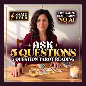 May include: A tarot reading service advertisement featuring text that reads SAME HOUR, PERSONALIZED REAL READING NO AI, and ASK 5 QUESTIONS 5 QUESTION TAROT READING. A person sits at a wooden table with tarot cards and a lit candle.
