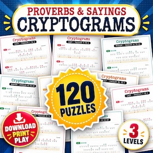 May include: A collection of cryptogram puzzle pages featuring the title Proverbs & Sayings Cryptograms. A large yellow starburst graphic displays 120 Puzzles, while a red circular badge reads Download Print Play and a yellow circle says 3 Levels.