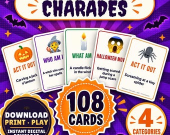 Halloween Charades, 108 Printable Picture Cards, Classroom Party Game for Kids & Adults