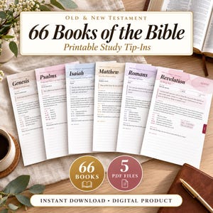 May include: A set of printable Bible study tip-ins featuring 66 books of the Bible. The cards display titles like Genesis, Psalms, Isaiah, Matthew, Romans, and Revelation with summaries, outlines, and notes sections on pastel backgrounds.