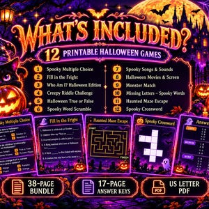 Puede incluir: Una colección digital de 12 juegos de Halloween imprimibles con un gato negro, calabazas y un castillo encantado. El set incluye un paquete de 38 páginas, 17 páginas de claves de respuestas y archivos PDF en formato carta con varios títulos.
