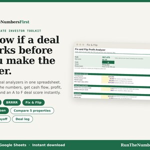 Real Estate Deal Analyzer Spreadsheet, Rental, BRRRR, Fix & Flip, DSCR Loan (Excel/Google Sheets)