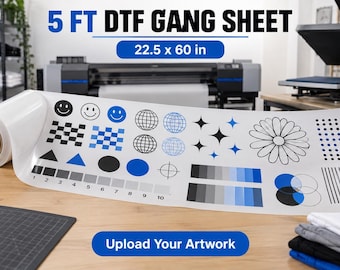 May include: A 5 FT DTF gang sheet measuring 22.5 x 60 in, featuring a variety of printed graphic designs including smiley faces, checkered patterns, globes, stars, a flower, and color test bars numbered 1 through 10 on a white roll.