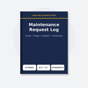 Può includere: Un registro di manutenzione blu scuro della serie Landlord Logbook. La copertina presenta il testo bianco Maintenance Request Log, Intake, Triage, Dispatch, Resolution, 29 PAGES, 21,59 cm x 27,94 cm e 18 REQUESTS con accenti dorati.
