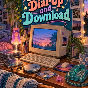 May include: A desk setup featuring a beige computer monitor displaying a sunset, a keyboard, a mouse, a CD player with a disc, a stack of CD cases, a lava lamp, a teal landline phone, and a butterfly clip, with the text Between Dial-Up and Download.