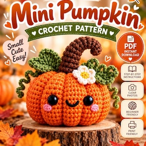 Peut inclure: Un modèle de crochet pour une mini citrouille avec le texte Yarn Whimsy, Mini Pumpkin, Crochet Pattern, Small Cute Easy, PDF Instant Download, Step-by-Step Instructions, Clear Photos, Beginner Friendly, et Print Friendly.