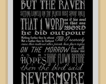 May include: A framed print with a black background and white text. The text is a poem with the words "BUT THE RAVEN" at the top and "NEVERMORE" at the bottom. The print is in a white frame.