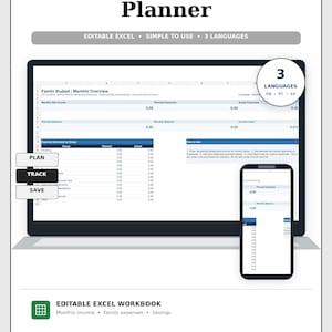 Pode incluir: Um planejador de orçamento familiar digital exibido na tela de um laptop e de um smartphone. A interface mostra colunas para despesas planejadas e reais, renda e economias. Texto: Family Budget Planner, Plan, Track, Save, Editable Excel Workbook.