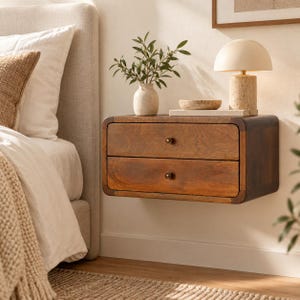Floating Nightstand with Two Storage Drawers and Shiny Knobs, Mango Wood in Chestnut Finish