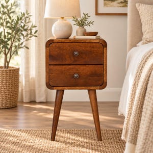 Mini Curved Nightstand with Two Drawers and Knobs, Mango Wood in Chestnut Finish