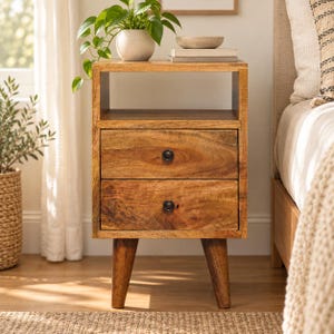 Solid Mango Wood Nightstand, Oak Finish, Two Drawers, Open Slot, Brass Knobs, Nordic Legs