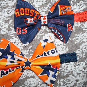 4 & 5 Inch HOUSTON ASTROS Baseball Fabric Hair Bow Headband Barrette Infant Toddlers Youth Adults Navy Yellow Orange Team Bows