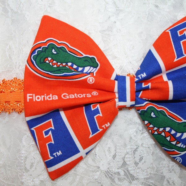 4 & 5 Inch FLORIDA GATORS Fabric Hair Bow Headband Barrette Infant Toddlers Youth Headbands Barrettes Perfect for Girls Of All Ages!!